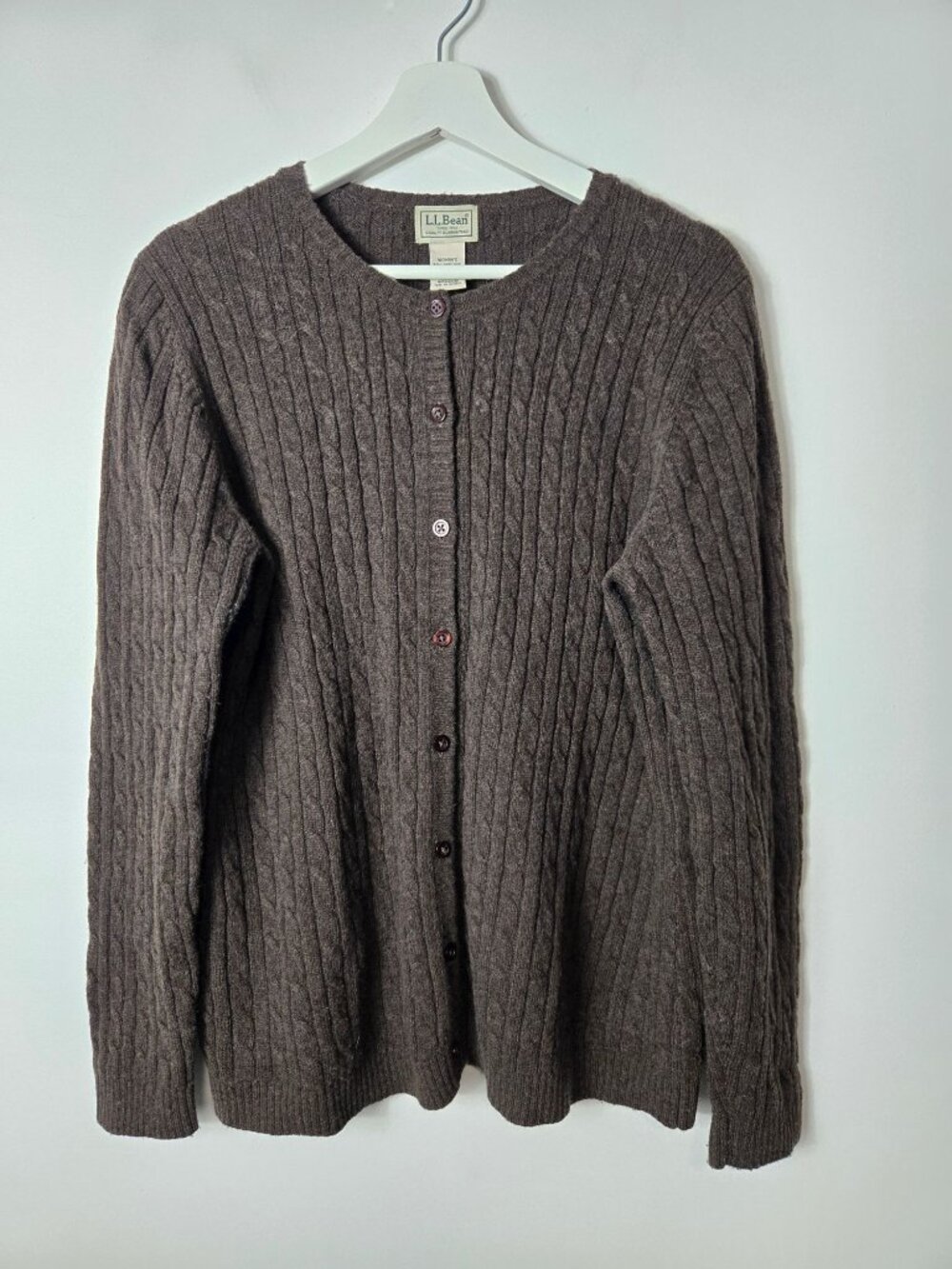 L.L. Bean Women's Cable-Knit Lambswool Fisherman Cardigan Sweater Size XL Brown